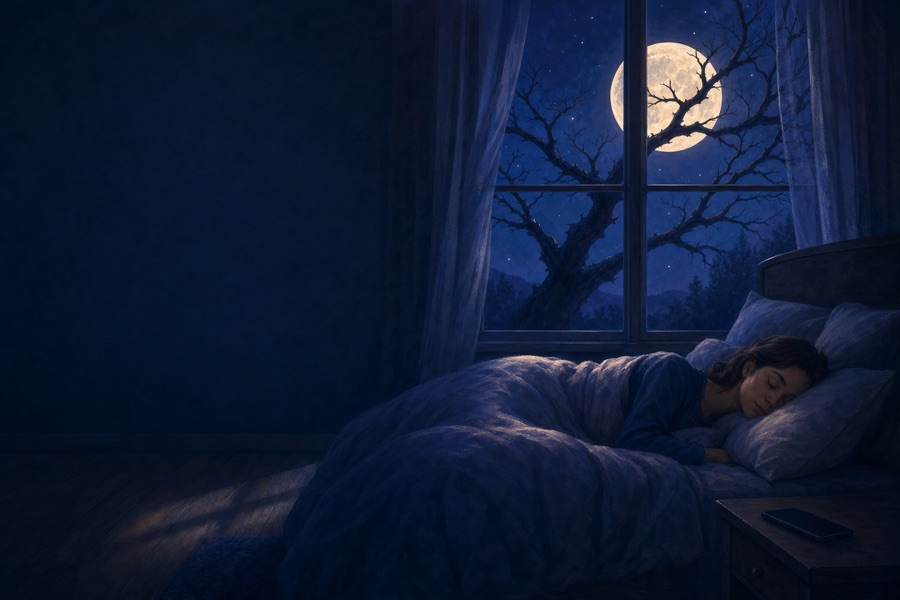 A person sleeping in a moonlit bedroom, with their phone face down on the bedside table