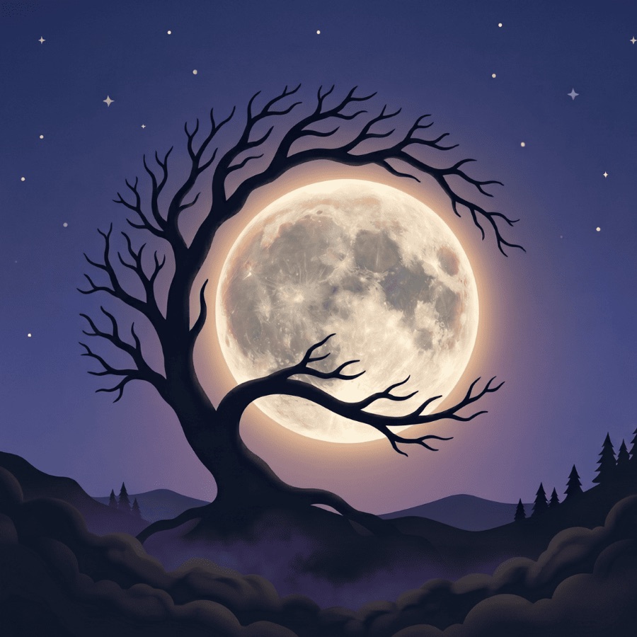 A full moon behind a bare tree on a starry night