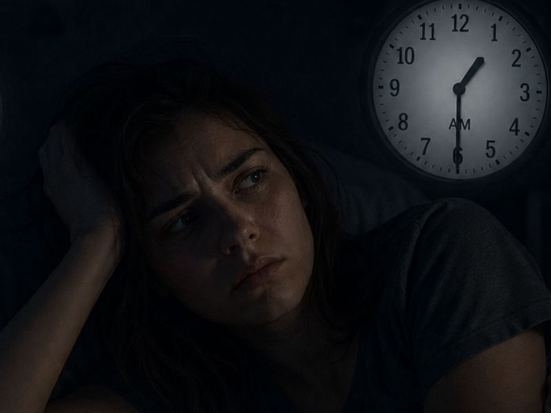 A woman in bed beneath a wall clock