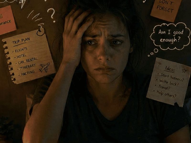 A woman in bed surrounded by notes and reminders
