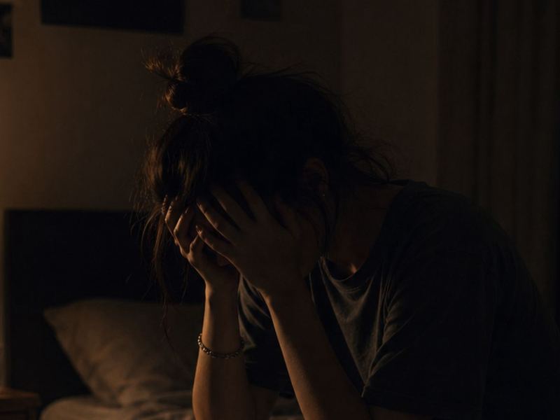 A person sitting on the edge of the bed, head in hands