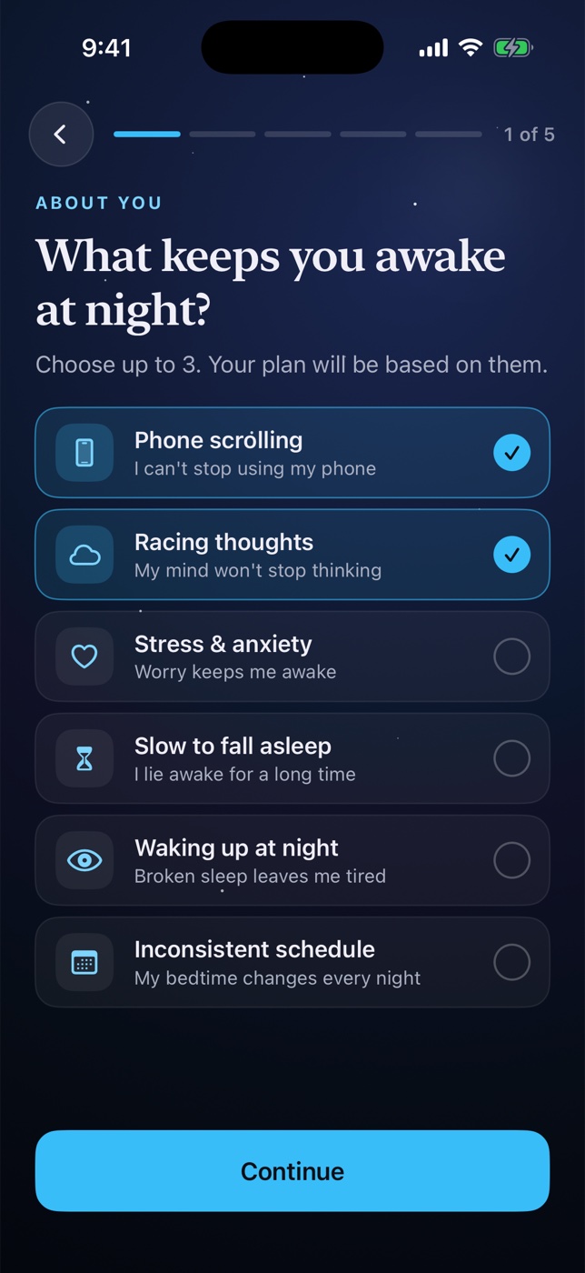 Valo Sleep screen: What keeps you awake at night? Phone scrolling and Racing thoughts are selected.