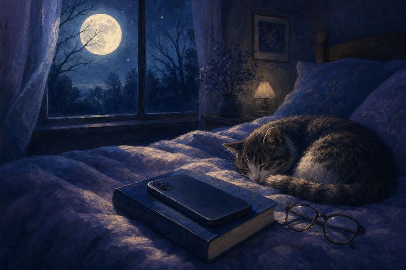 A phone lying face down on a closed book on a bed at night, with reading glasses and a sleeping cat in the moonlight