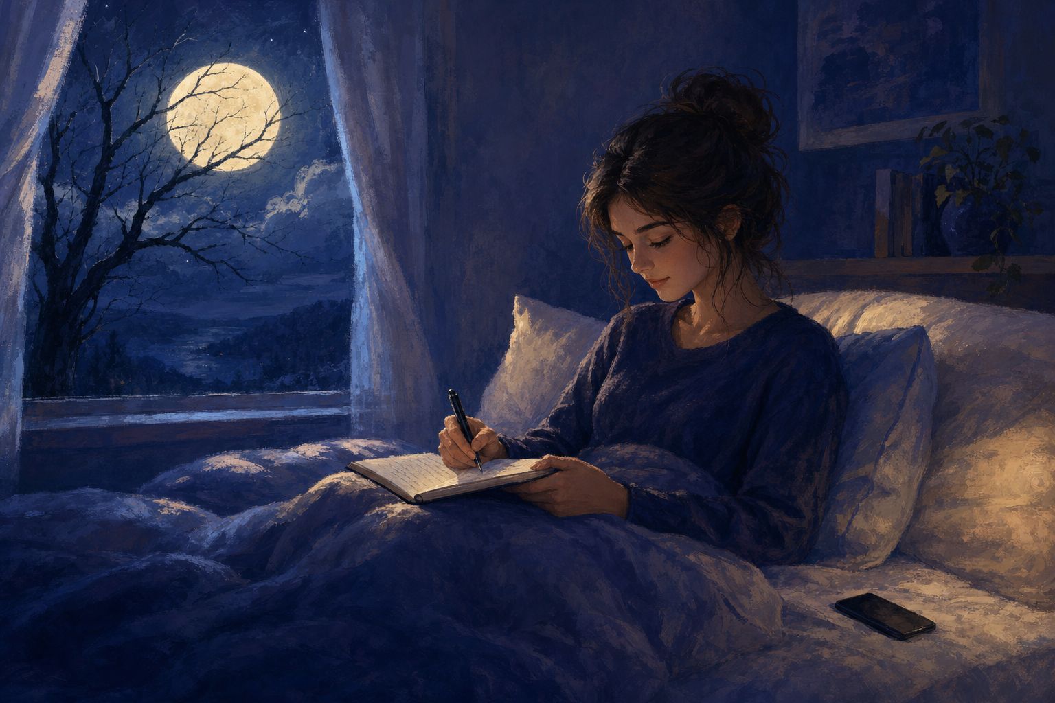 A person sitting up in bed writing in a small notebook by moonlight, with their phone face down on the blanket