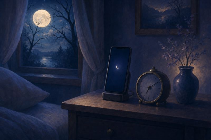 A phone on a charging stand on a bedside table at night, its screen dimmed with a small moon shape, next to an old alarm clock