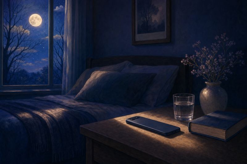 A phone lying on a wooden bedside table at night next to a glass of water and a book, in soft moonlight
