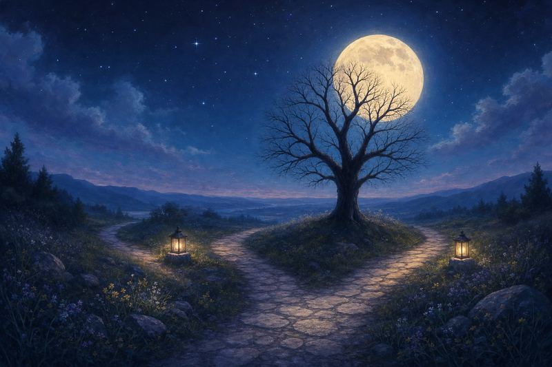 A moonlit path that splits in two directions, with a small glowing lantern on each side and a bare tree under a full moon
