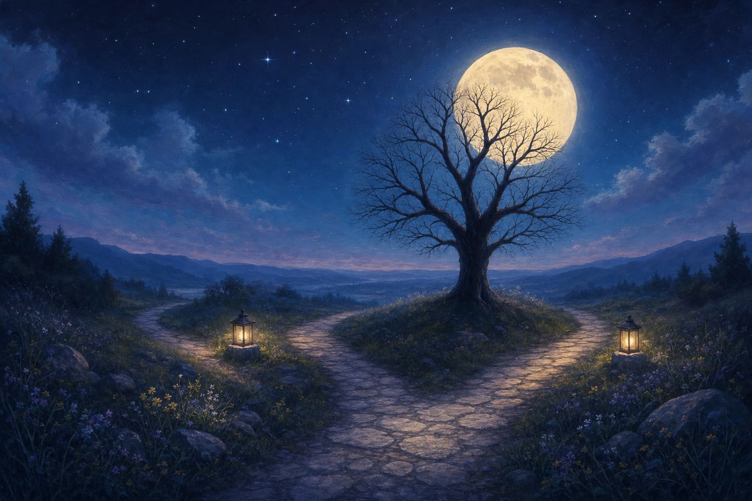 A moonlit path that splits in two directions, with a small glowing lantern on each side and a bare tree under a full moon
