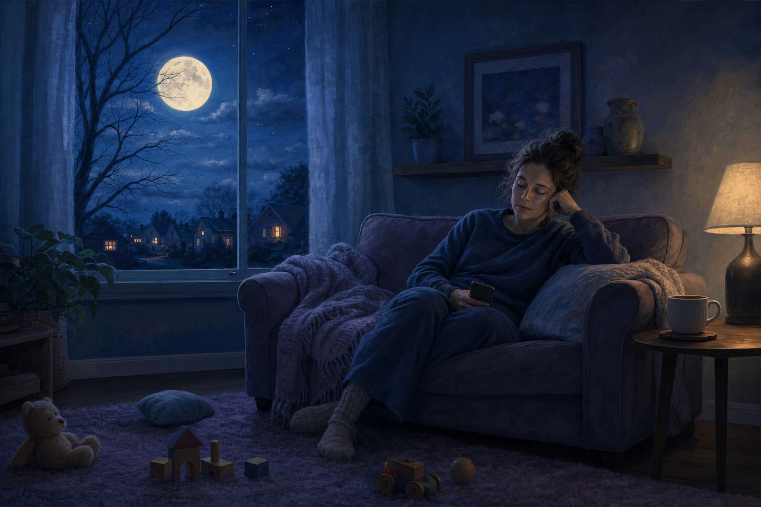 A tired parent sitting alone on a sofa late at night with a phone in their lap, children's toys on the rug and a full moon outside