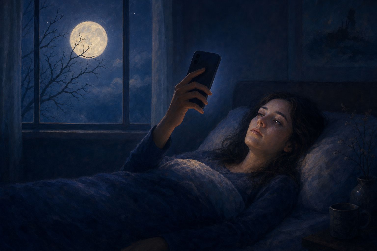 A tired person lying in bed in the dark, holding a phone above their face with their thumb near the screen, a full moon in the window