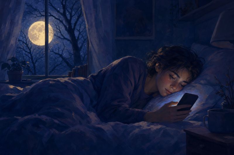 A young person lying in bed at night, their tired face lit by the phone they are holding, with a full moon outside the window